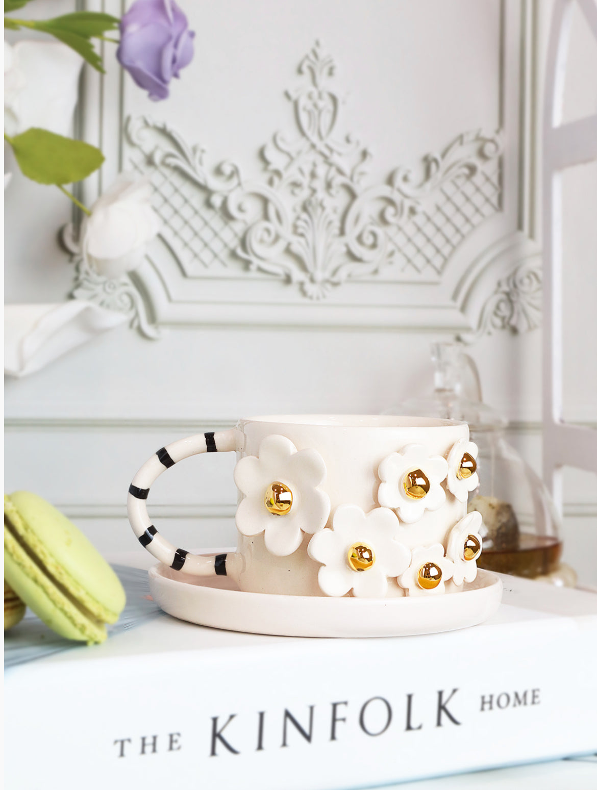 White flowers handmade ceramic mugs
