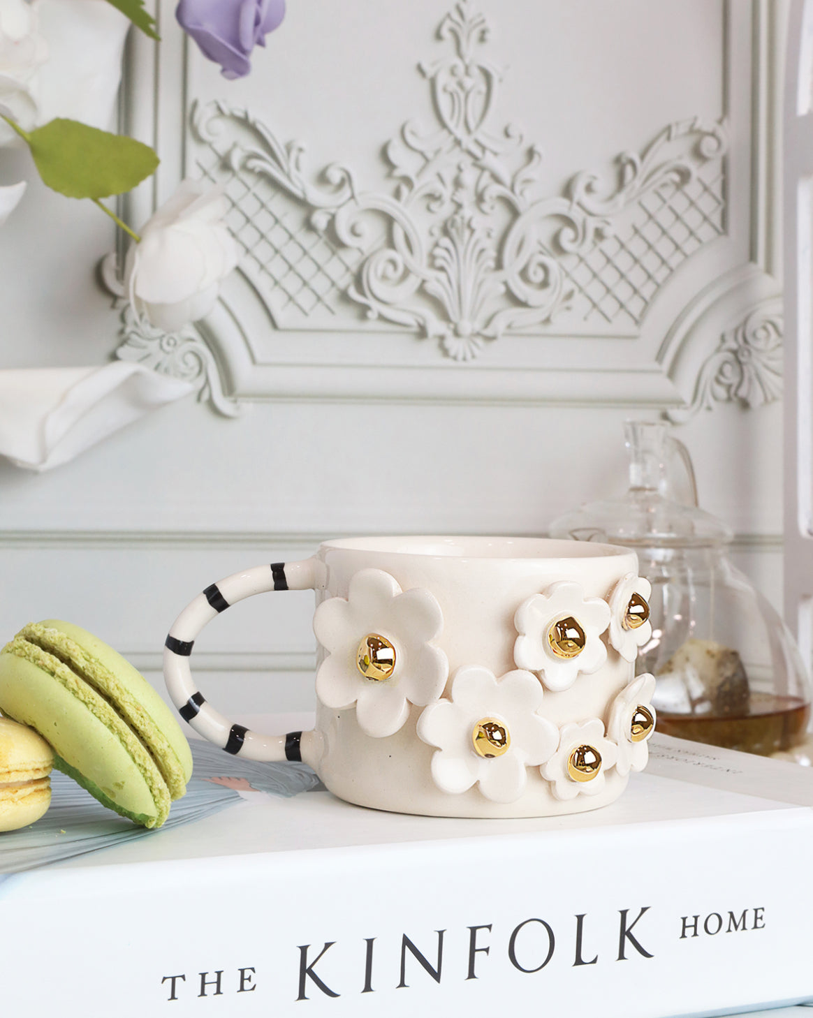 White flowers handmade ceramic mugs
