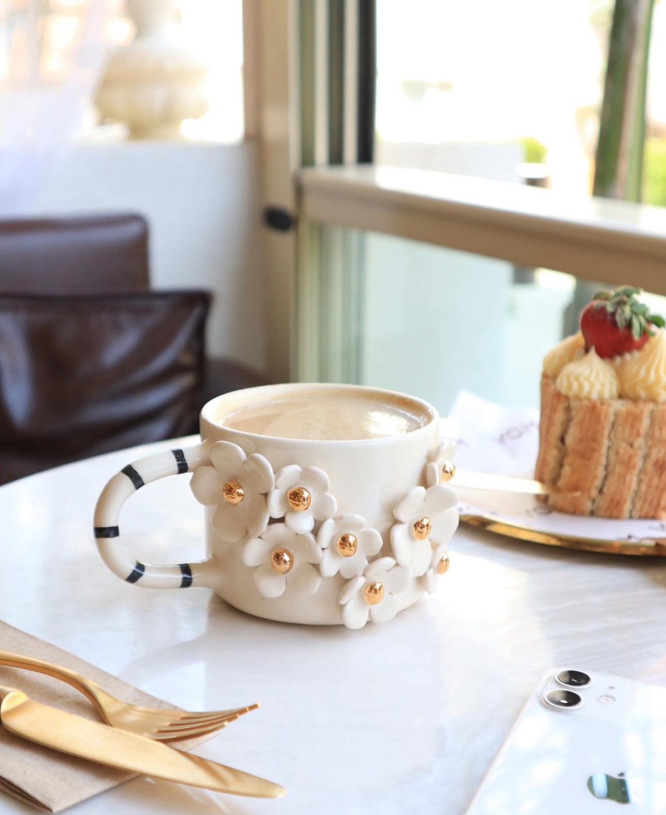 White flowers handmade ceramic mugs