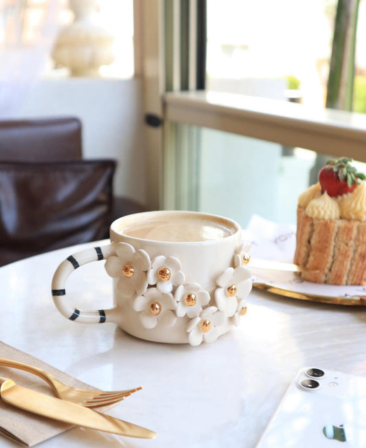 White flowers handmade ceramic mugs