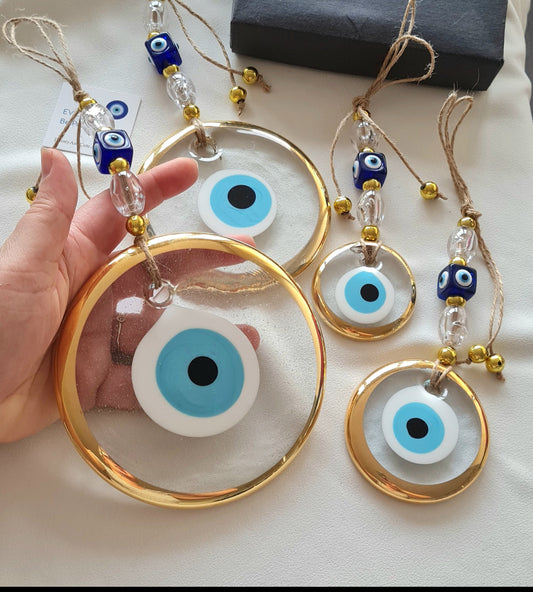 Handmade Evil Eye Wall Hanging Gold Framed Clear Glass